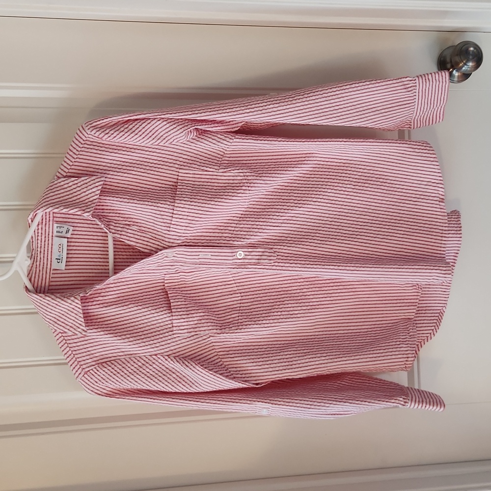 Pink and White Striped Button-up Blouse with Front Pockets - Picture 3 of 5
